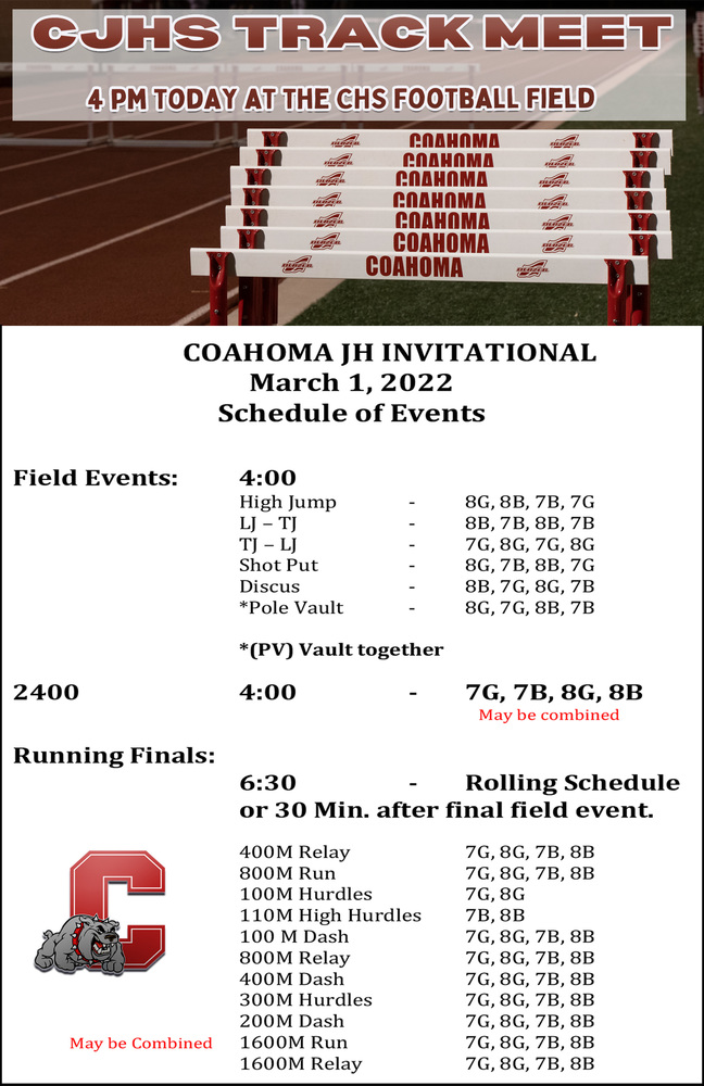 Graphic with track meet schedule information