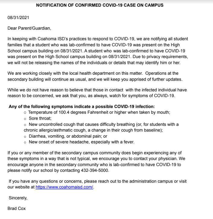 Notification of Confirmed COVID-19 Case